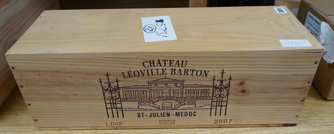 A sealed wood case containing an Imperial bottle of Chateau Leoville Barton 2007. Condition - good